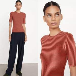 NWT Vince Striped Elbow Sleeve Ribbed Crewneck T-Shirt Top $155 Size S Small
